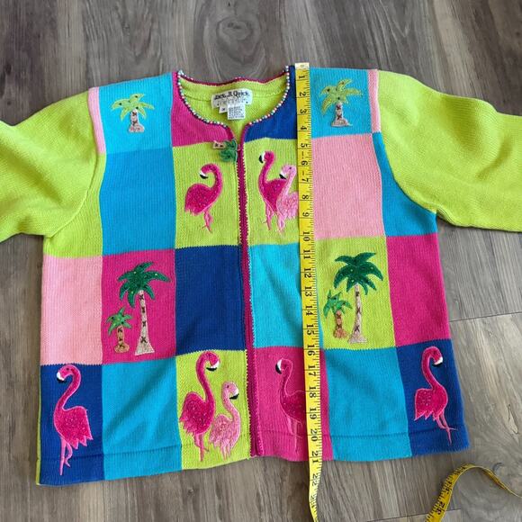Vintage Jack B. Quick Cardigan Size M Embellished Flamingos Zip Up Embellished - Picture 8 of 8